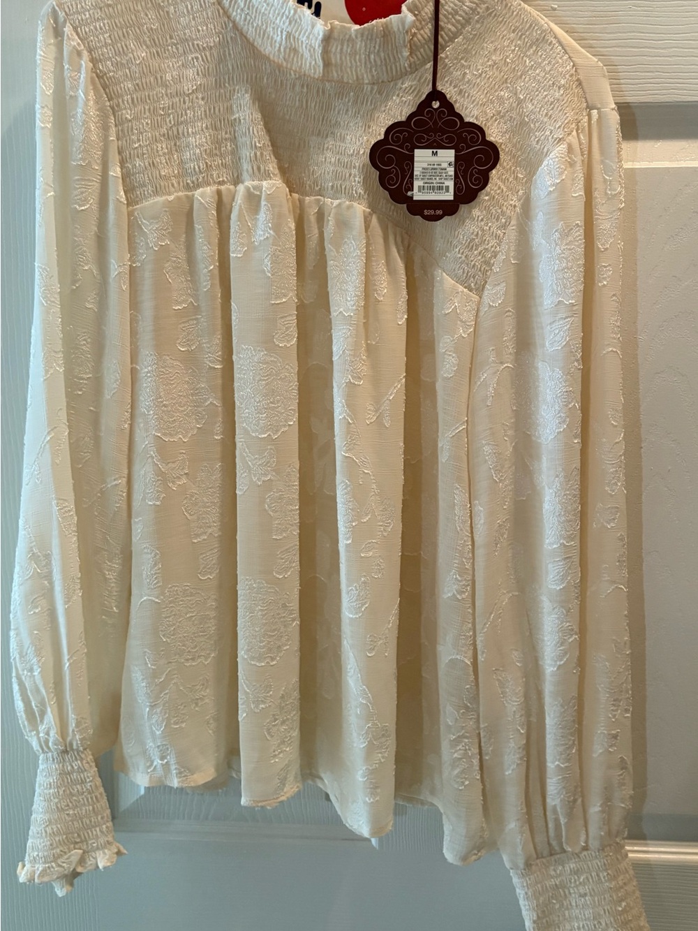 Cream Textured Floral Blouse with Smocked Details
